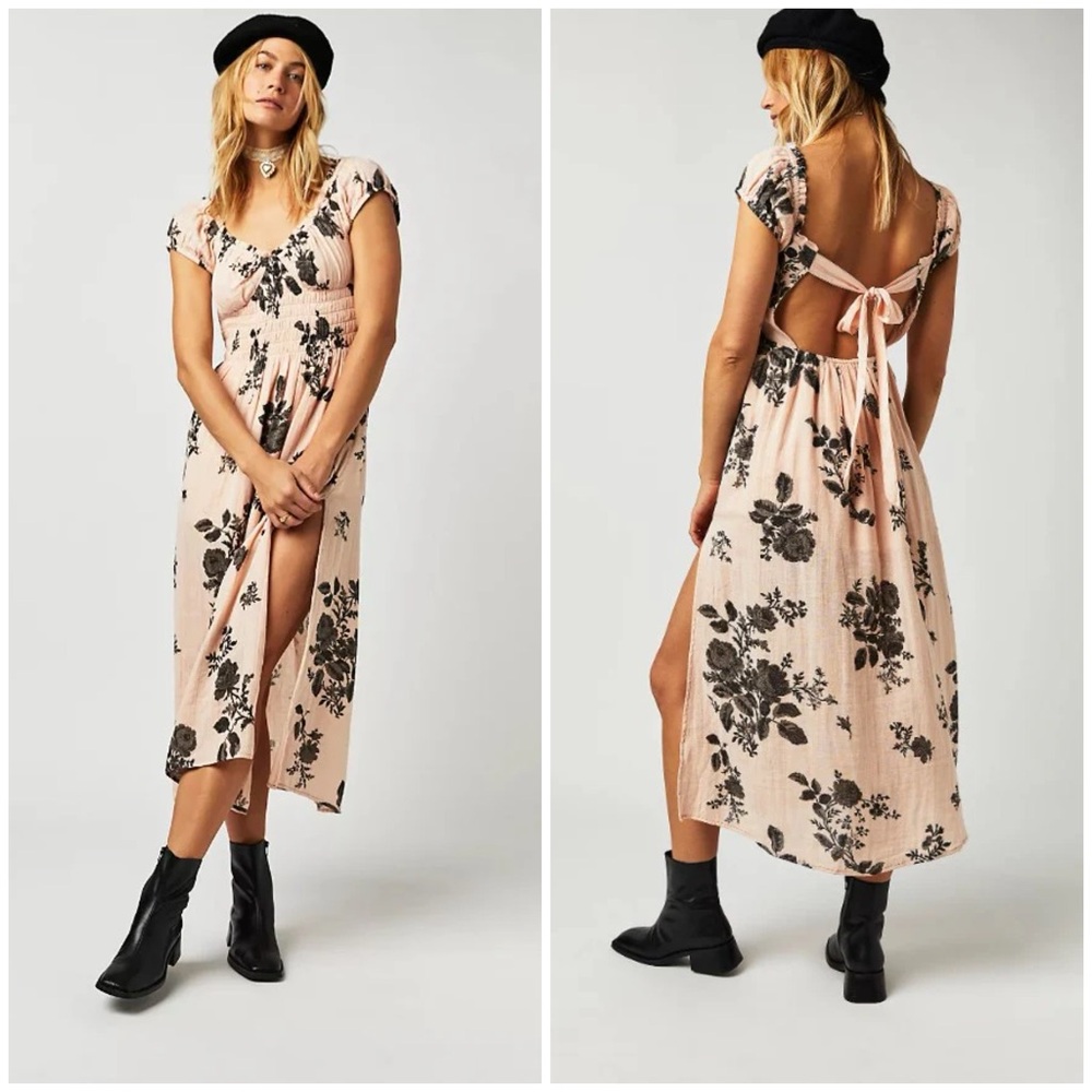 Free People Dress Medium Forget Me Not Midi Peach Black Floral Boho Festival